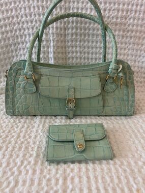 Vintage Dooney & Bourke Italy Croc Embossed Teal Leather Bag + Wallet Rare